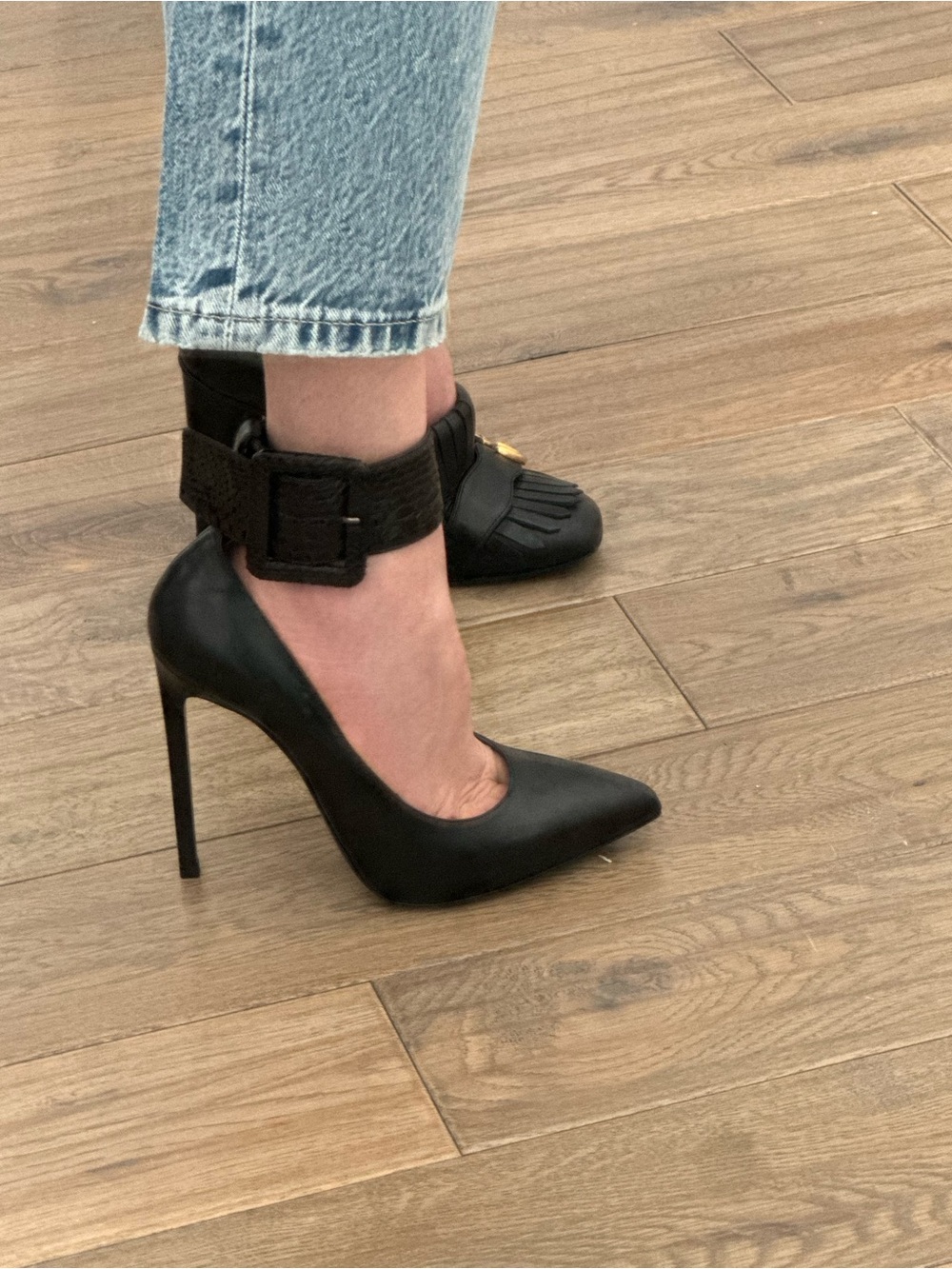 Saint Laurent Black Pointed Leather Stiletto Pumps with Wide Ankle Buckle